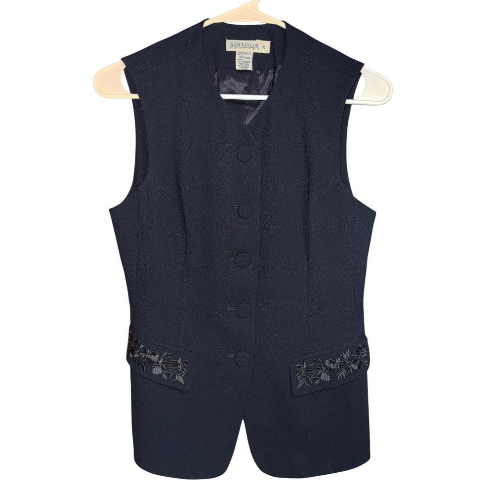 Ann Taylor Petites Vintage Wool Vest 2P Black Button Front Embroidered Pockets M